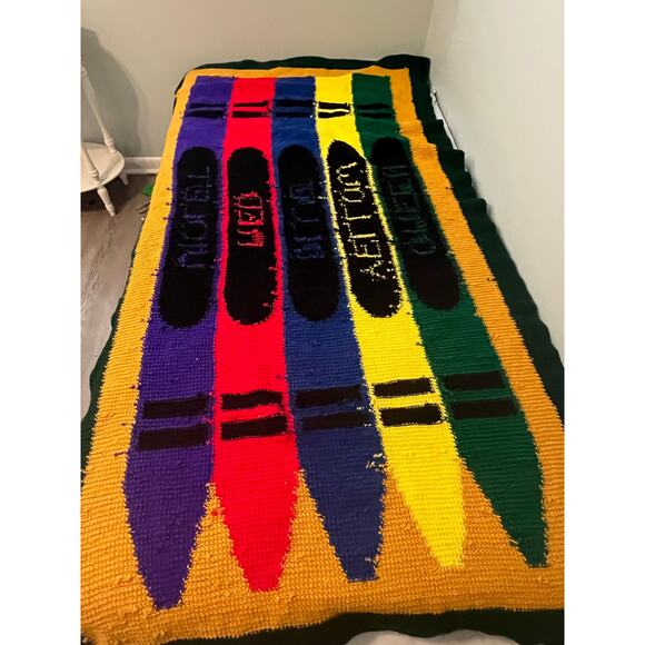 VTG Crochet Crayon Colors Twin Size Afghan Blanket 44"x92" Homeschool Day Care - Picture 3 of 7